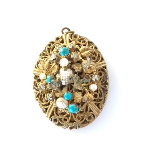 Lovely Pearl and Turquoise Locket with Chain signed Miriam Haskell - Picture 6 of 8